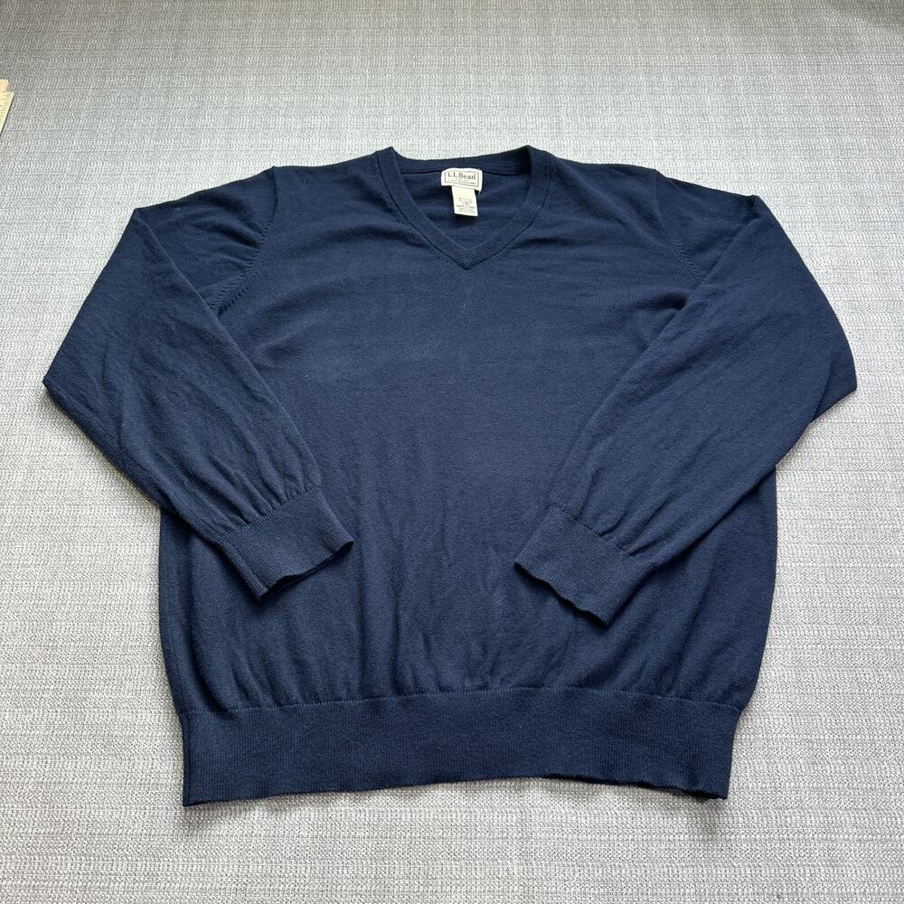 LL Bean Sweater Men Large Blue Pullover V Neck Cashmere Blend Gorp Cabin Comfort